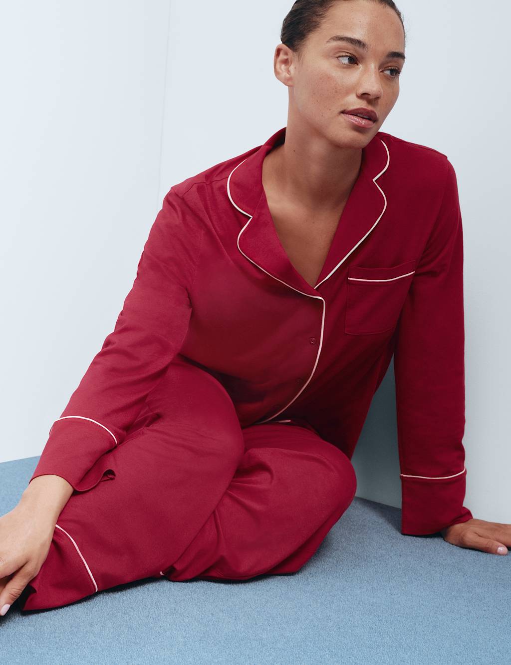 M&S Cotton Modal Revere Pyjama Set Red