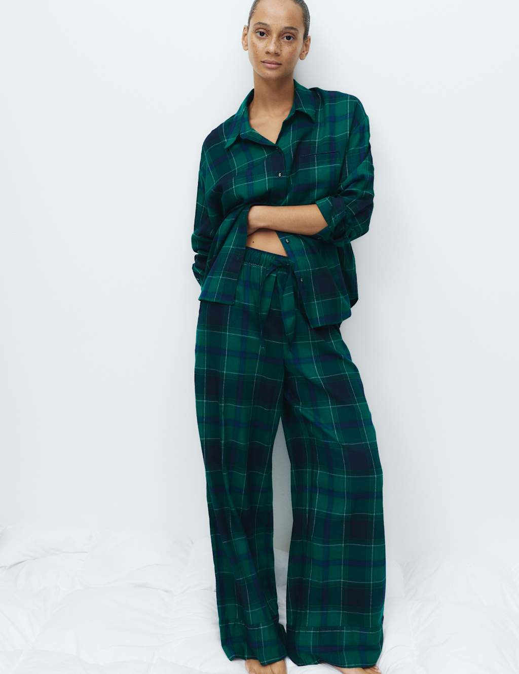 M&S Cotton Blend Tartan Checked Pyjama Set Green Mix
