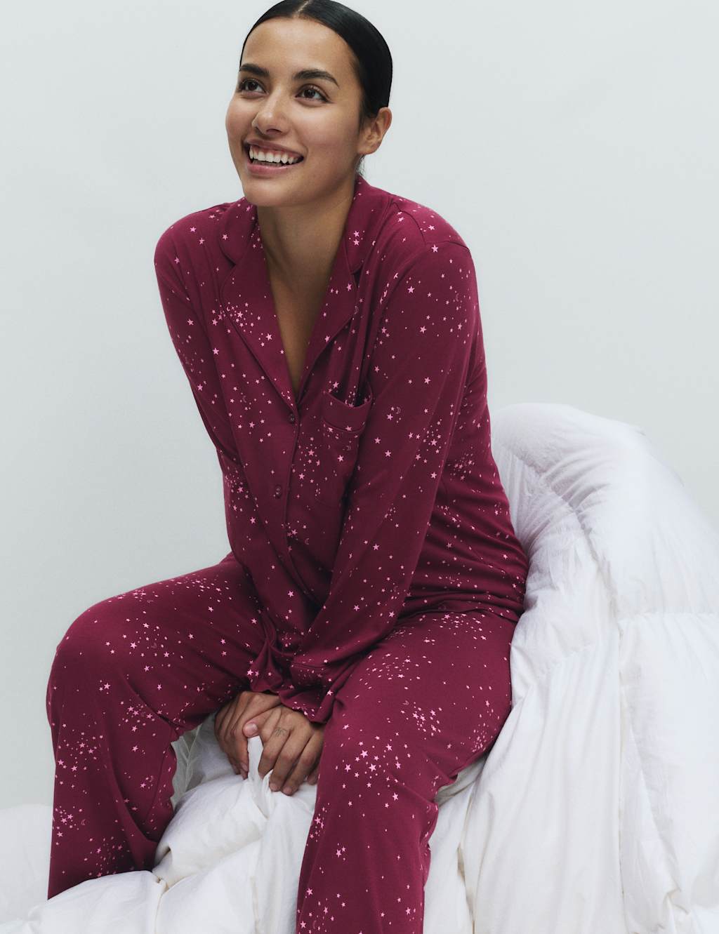 M&S Cotton Modal Printed Revere Pyjama Set Magenta Mix