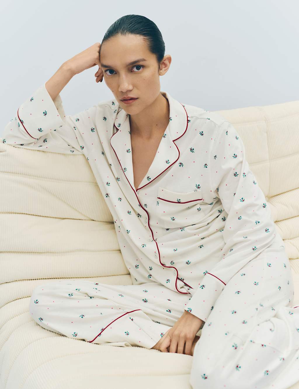 M&S Cotton Modal Printed Revere Pyjama Set Ivory Mix