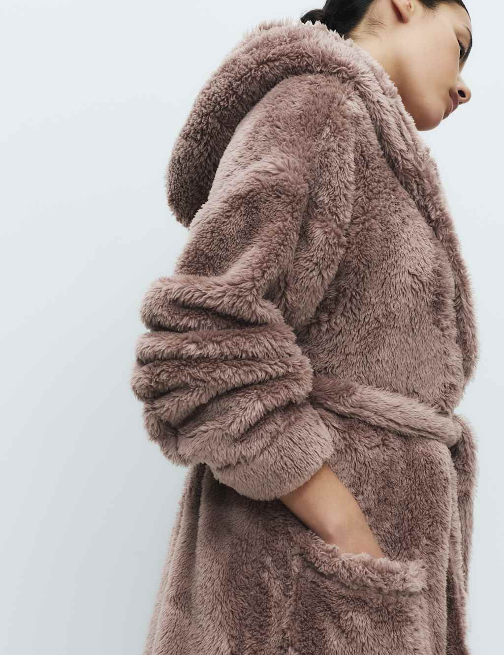 M&S Women's Fleece Hooded Dressing Gown - Small - Taupe
