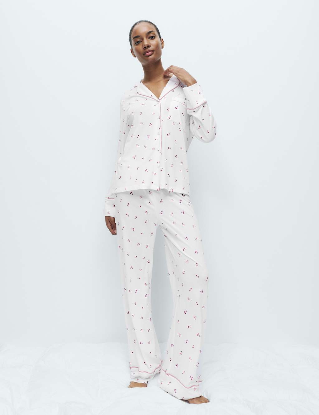 M&S Cotton Modal Cherry Print Pyjama Set White Mix