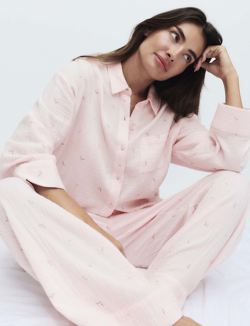 M&S Women's Pure Cotton Muslin Floral Pyjama Set - 20 - Pink Mix