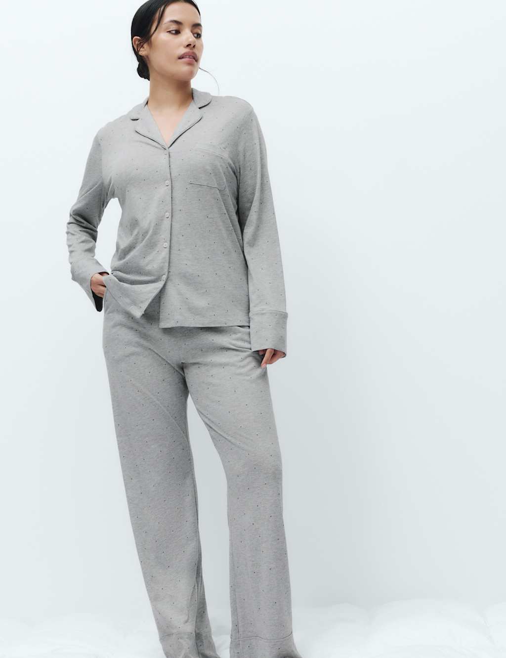 M&S Women's Cotton Modal Printed Revere Pyjama Set - Medium - Grey Mix