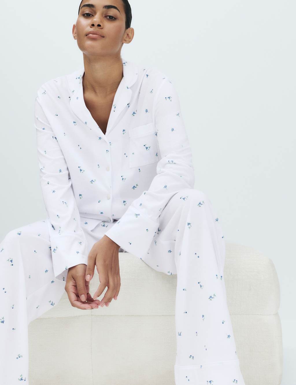M&S Women's Cotton Modal Printed Revere Pyjama Set - Large - White Mix