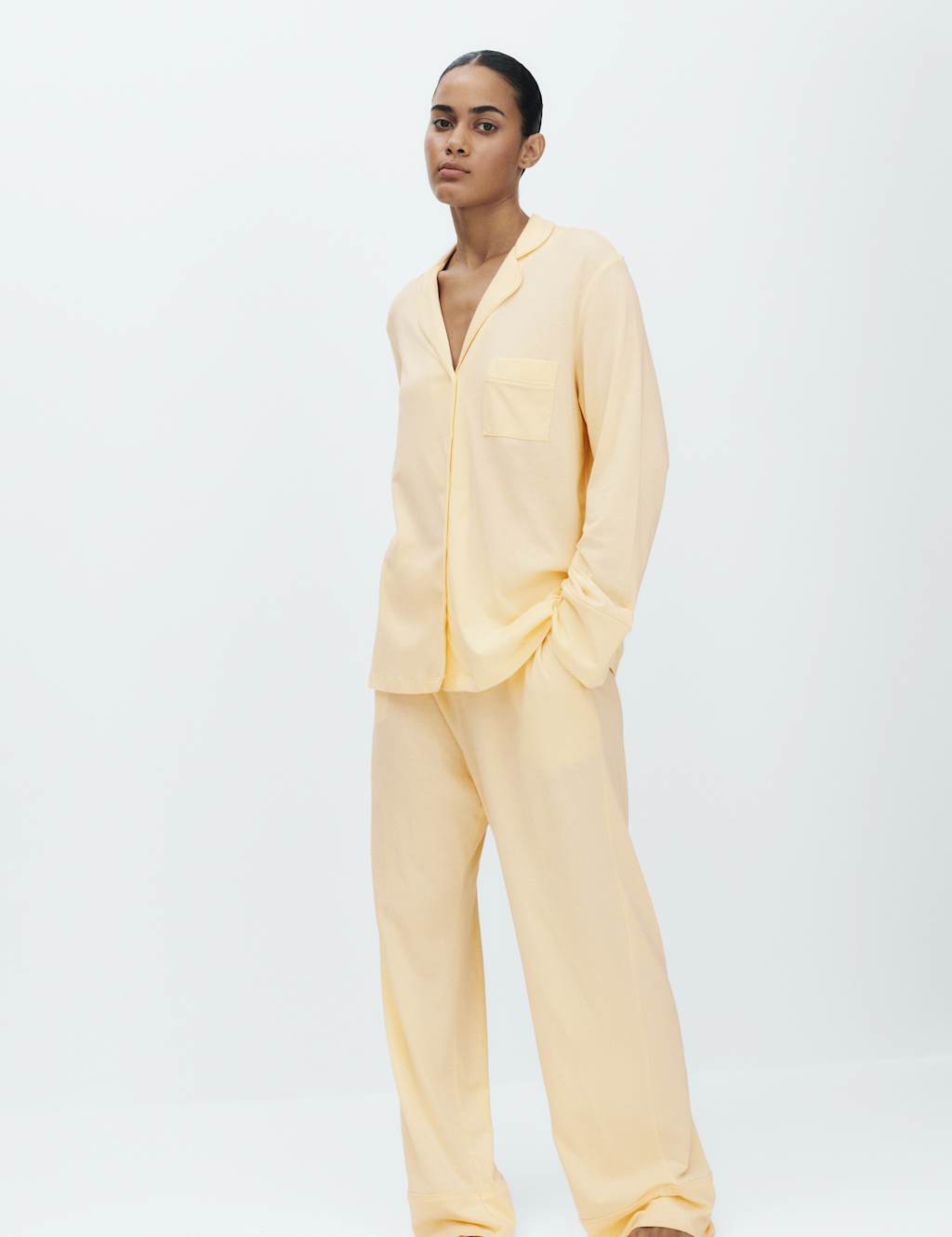 M&S Women's Cotton Modal Revere Pyjama Set - Large - Pale Yellow