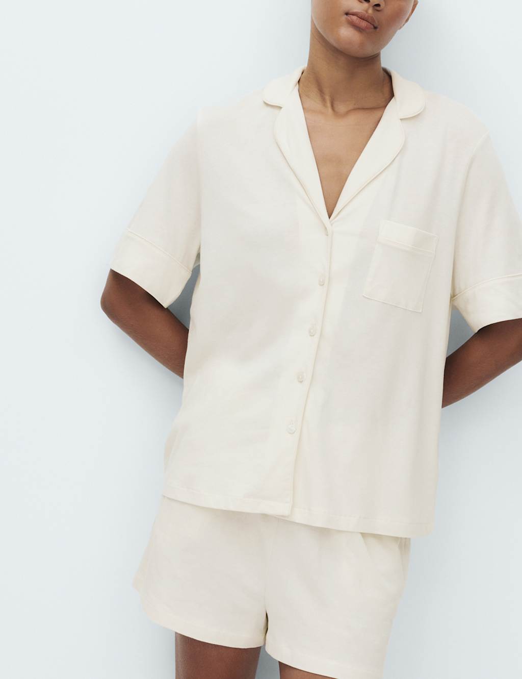 M&S Women's Cotton Modal Revere Shortie Pyjama Set - Medium - Ivory