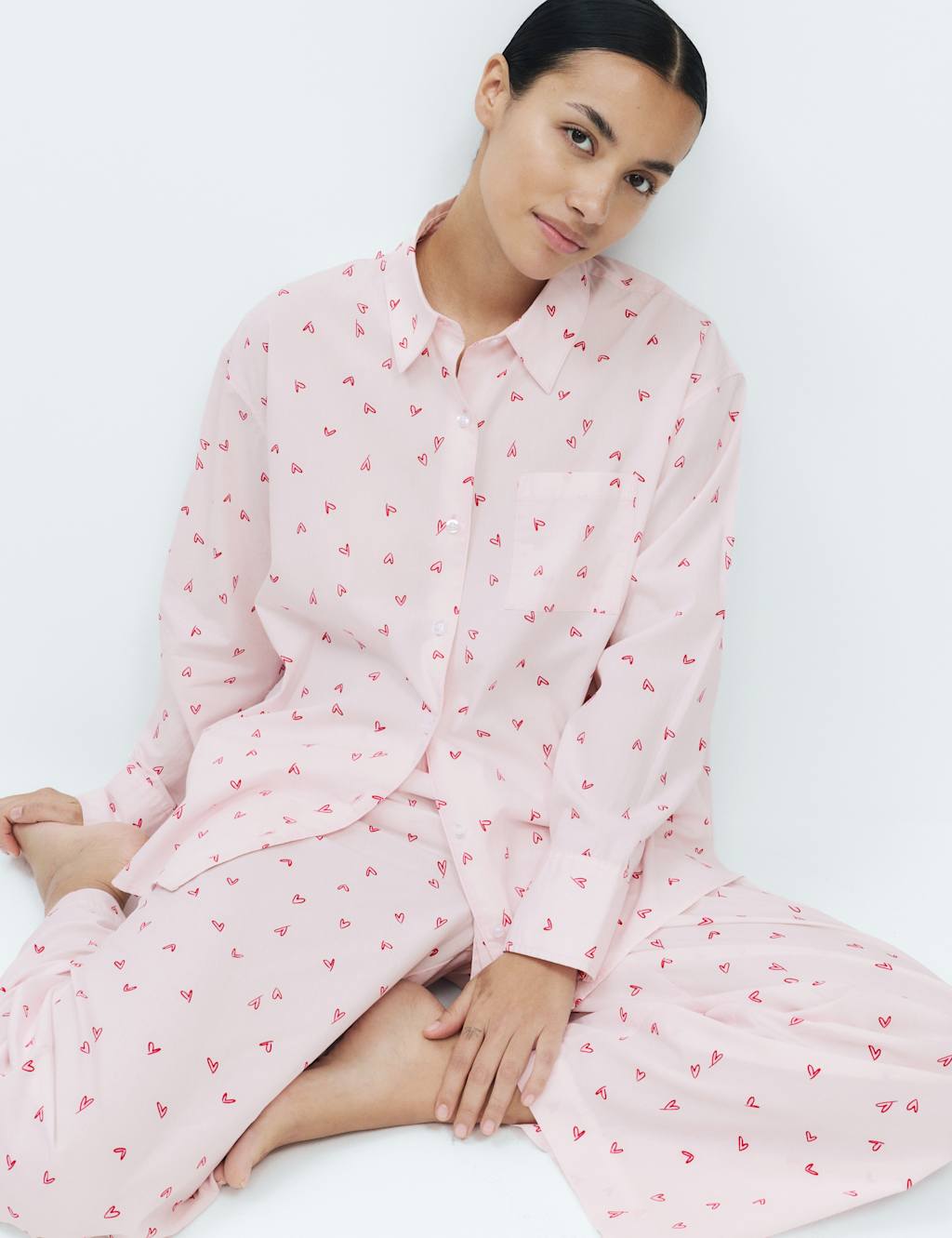 M&S Women's Pure Cotton Heart Print Pyjama Set - 14 - Pink Mix