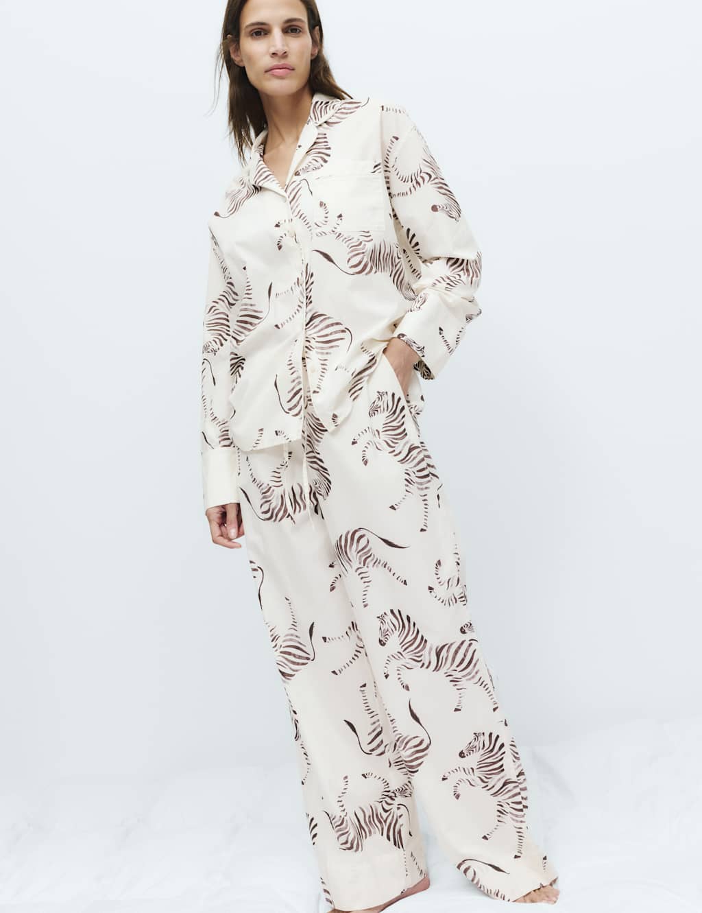 M&S Women's Pure Cotton Poplin Zebra Revere Pyjama Set - 10 - Ivory Mix