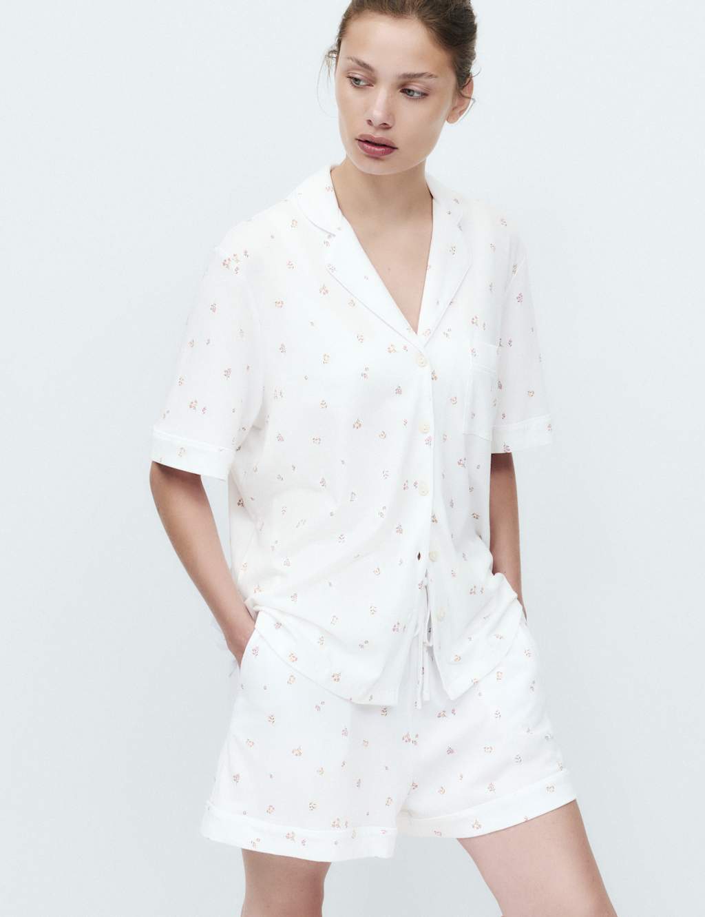 M&S Women's Cotton Modal Ditsy Revere Shortie Set - Medium - White Mix