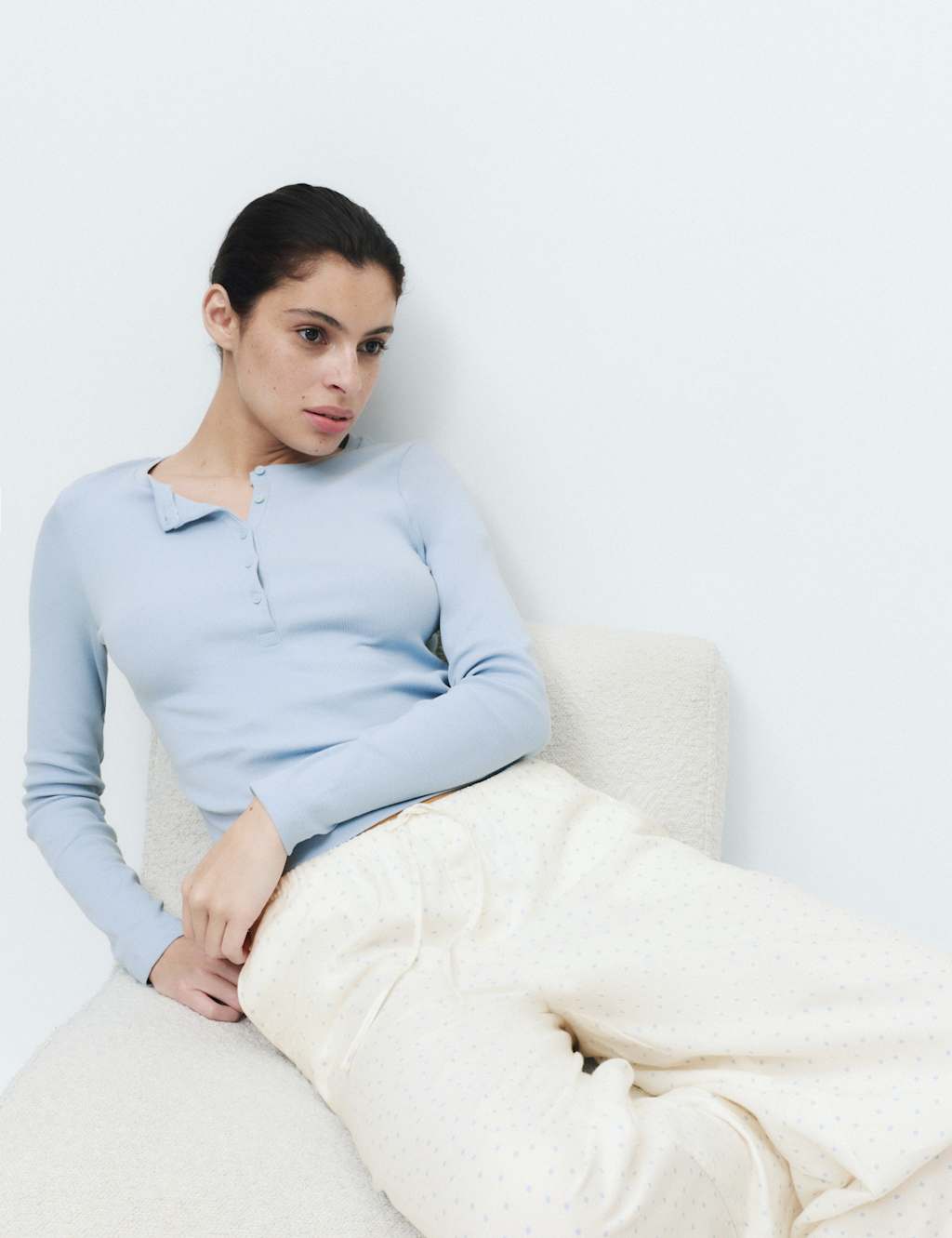 M&S Women's Cotton Rich Polka Dot Henley Pyjama Set - 16 - Blue Mix