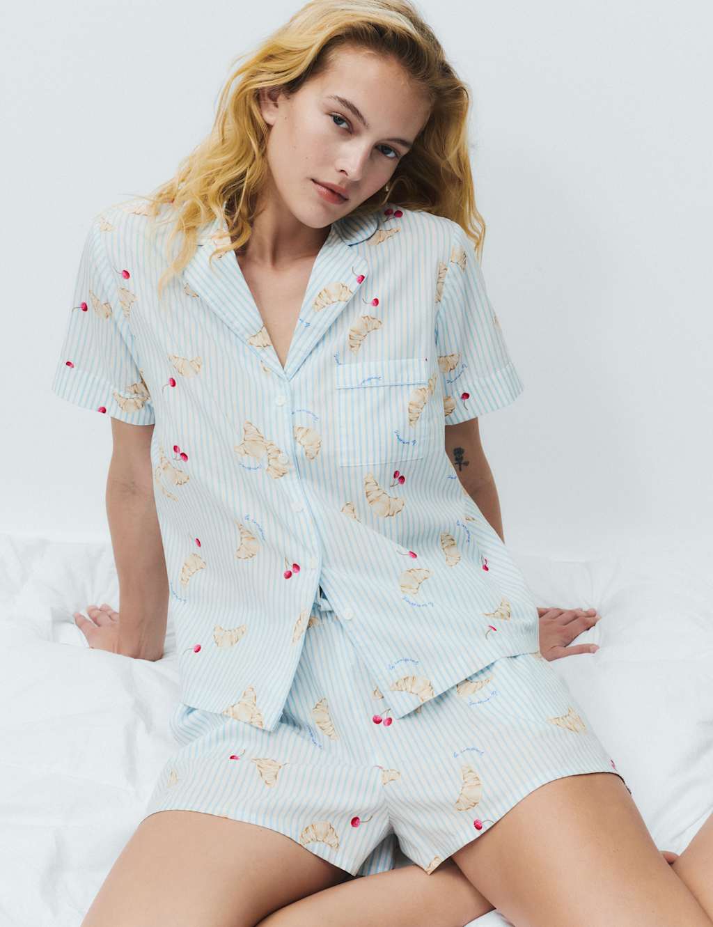M&S Women's Pure Cotton Printed Shortie Set - 22 - Light Blue Mix
