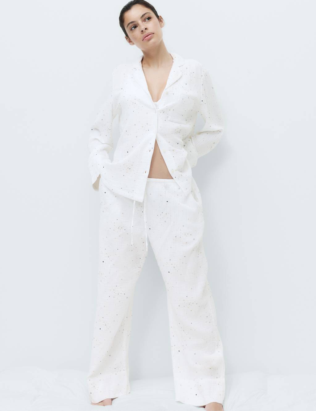 M&S Women's Muslin Cool Comfort Star Revere Pyjama Set - 18 - White Mix