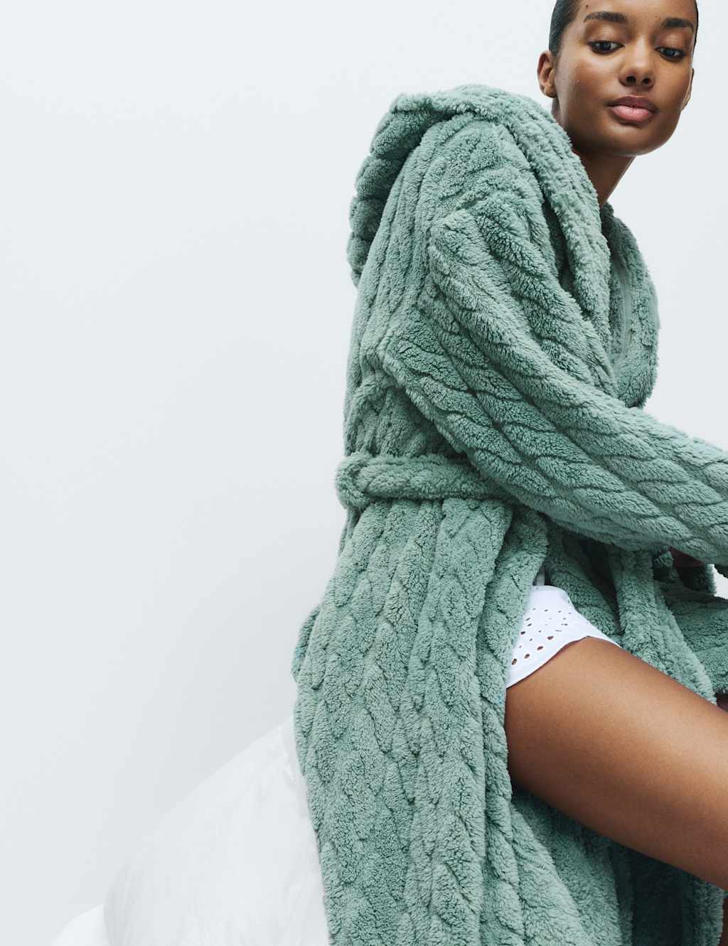 M&S Jacquard Long Hooded Dressing Gown Smokey Green