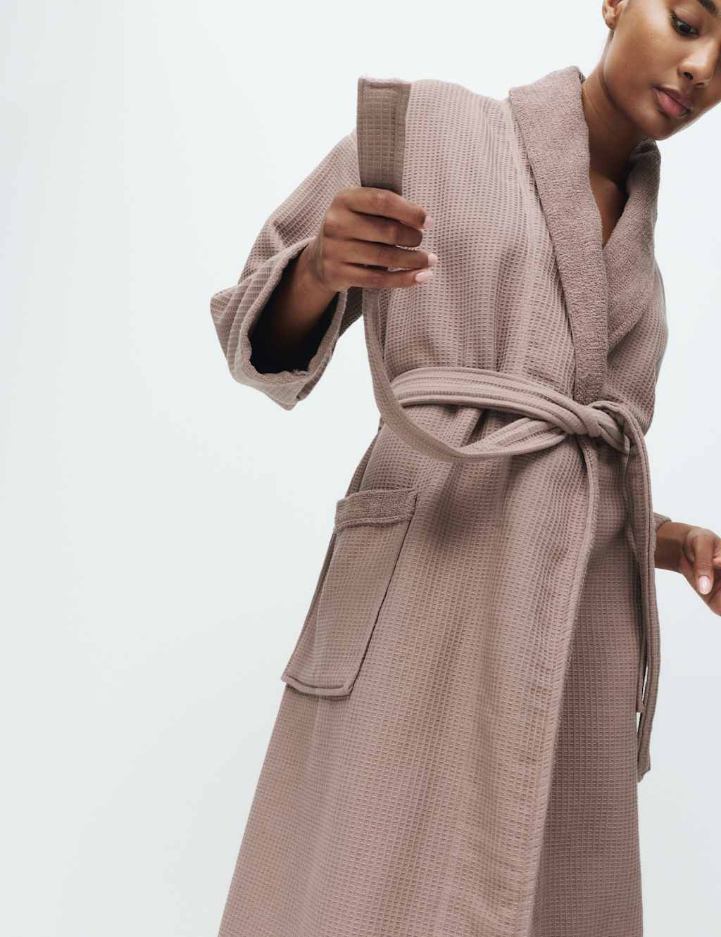 M&S Pure Cotton Waffle Towelling Dressing Gown Neutral