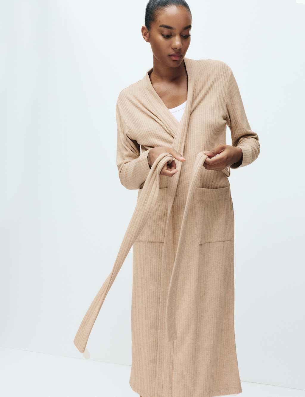 M&S Wide Ribbed Dressing Gown Neutral