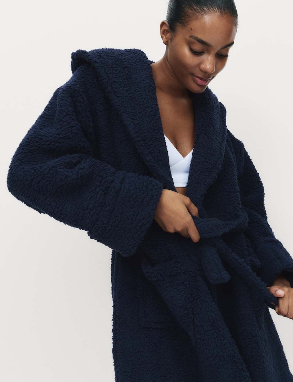 M&S Teddy Borg Hooded Dressing Gown Navy