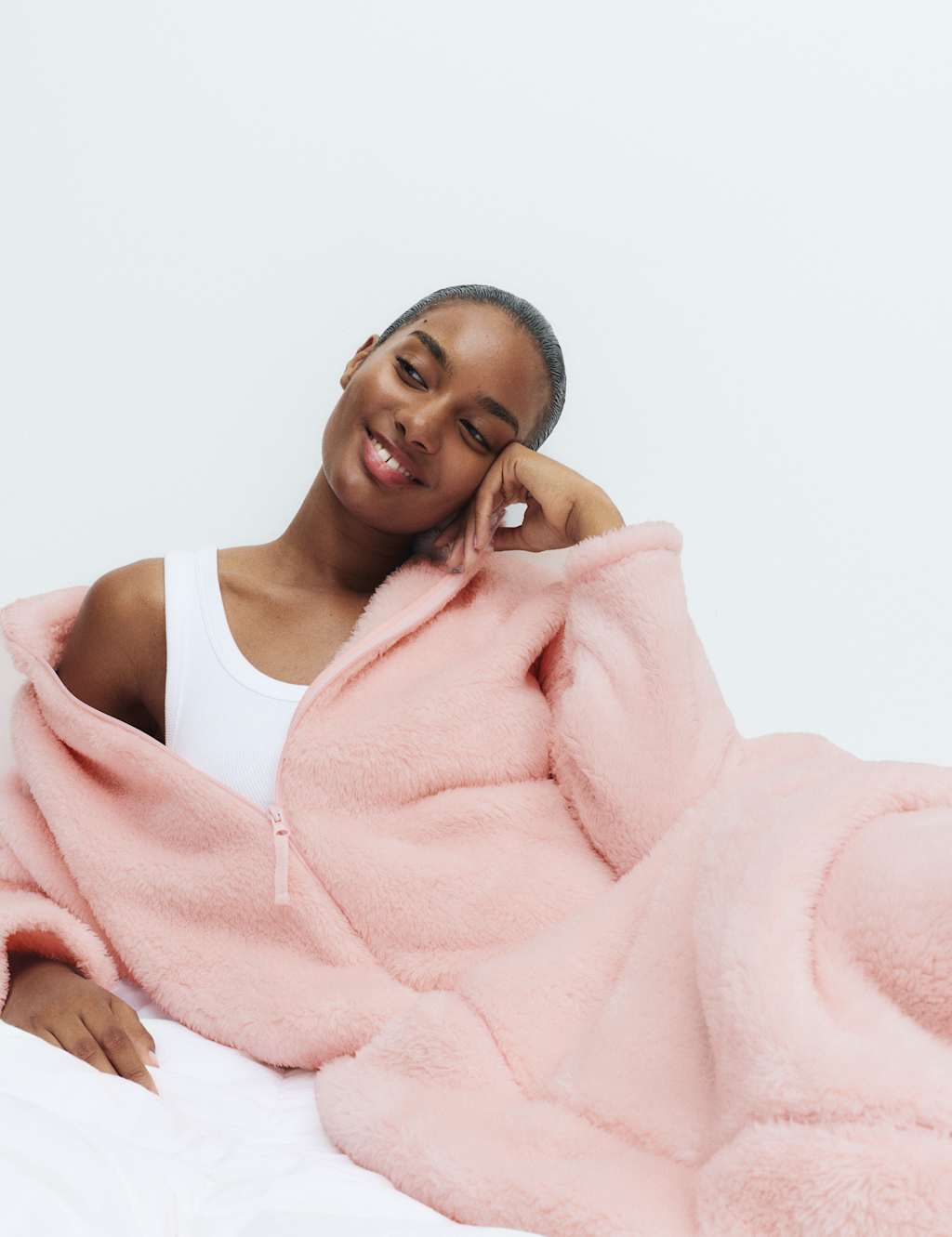 M&S Long Pile Fleece Zipped Dressing Gown Pink