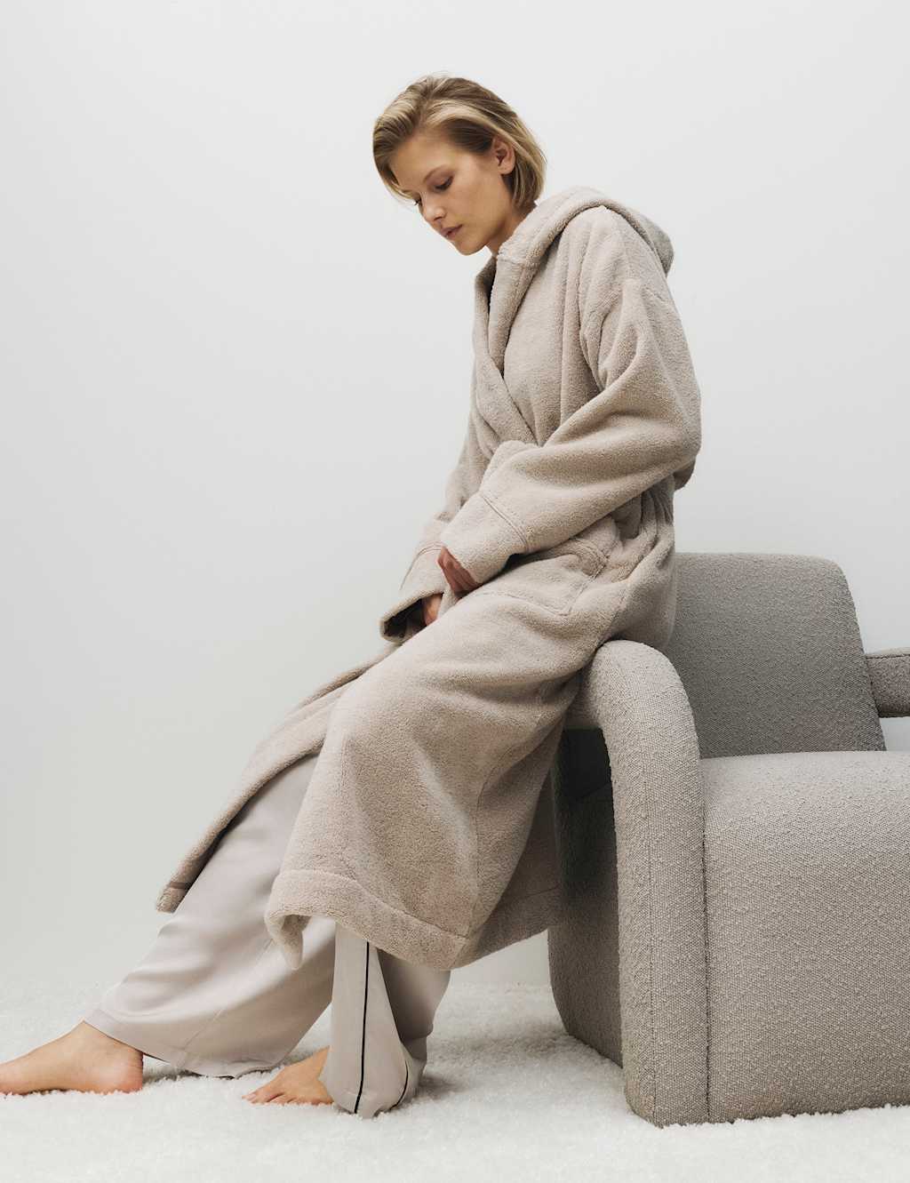 M&S X Kelly Hoppen Women's Pure Cotton Towelling Hooded Dressing Gown - Medium - Neutral