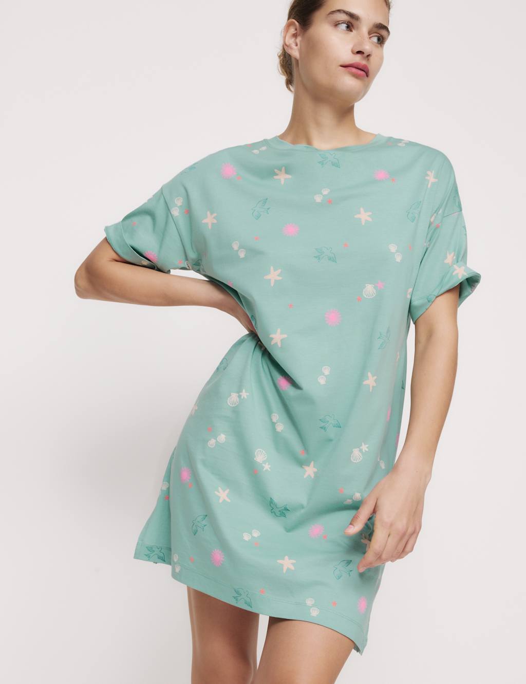 M&S Cotton Modal Printed Nightdress Green Mix