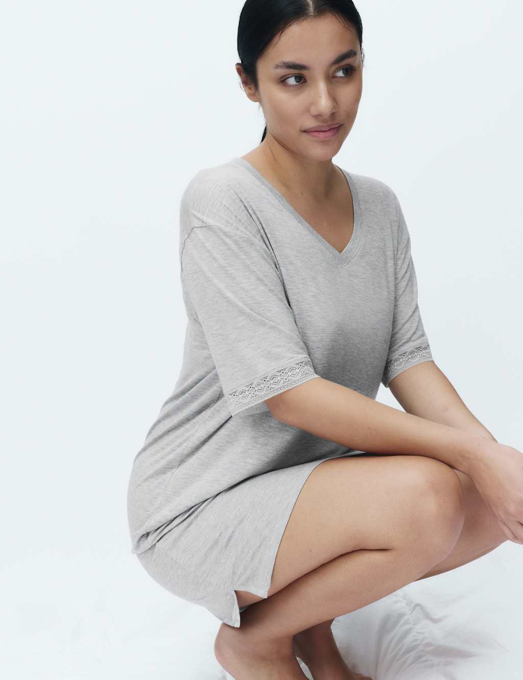 M&S Women's Lace Trim Nightshirt - Extra Small - Grey