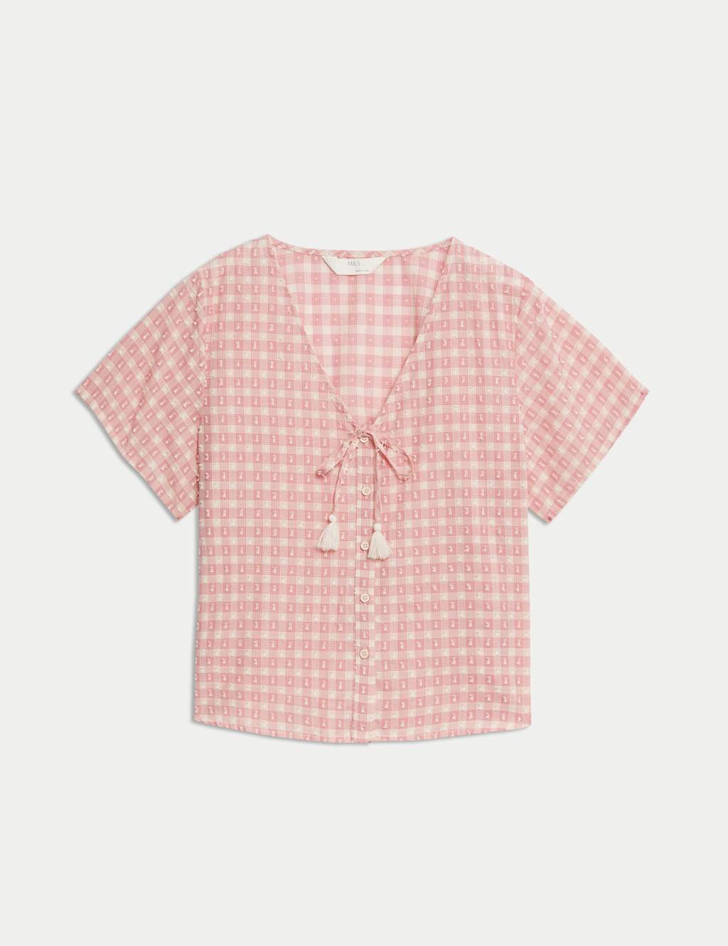 Pure Cotton Gingham Tie Front Pyjama Top