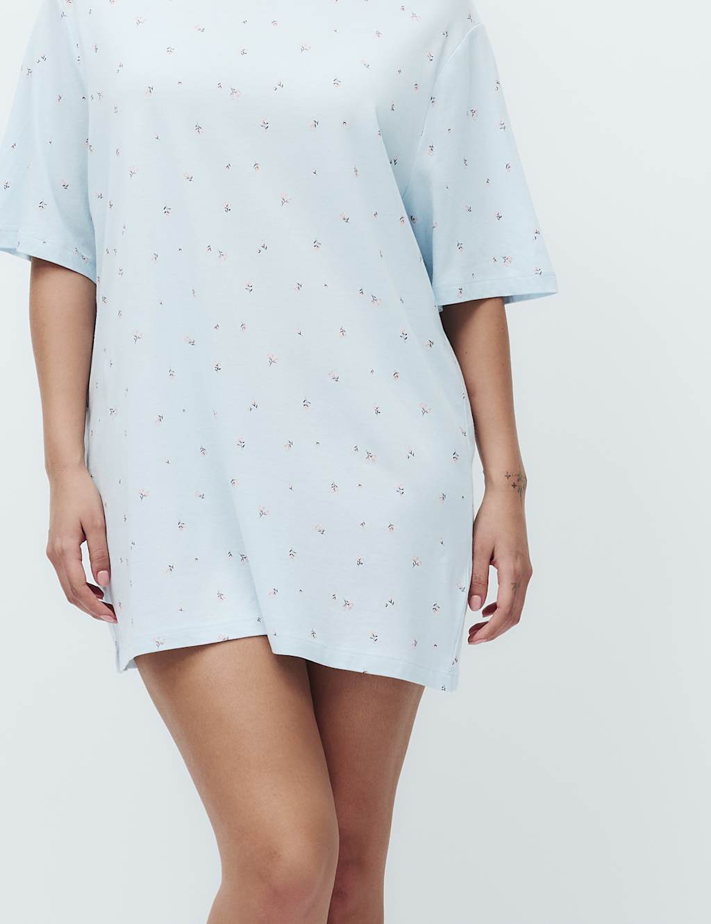 M&S Women's Cotton Modal Printed Relaxed Nightie - Small - Light Blue Mix