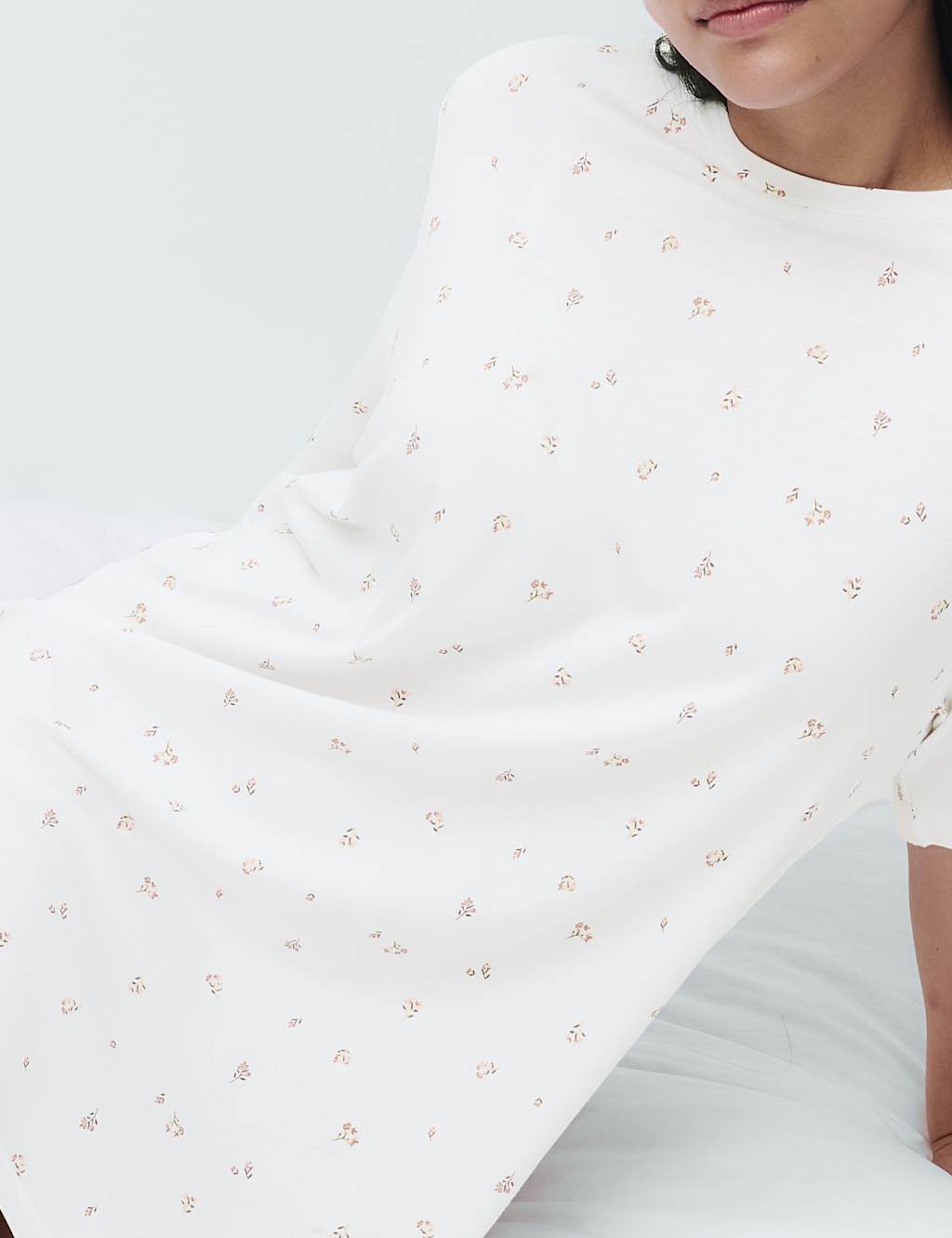 M&S Women's Cotton Modal Printed Relaxed Nightie - Medium - Ivory Mix