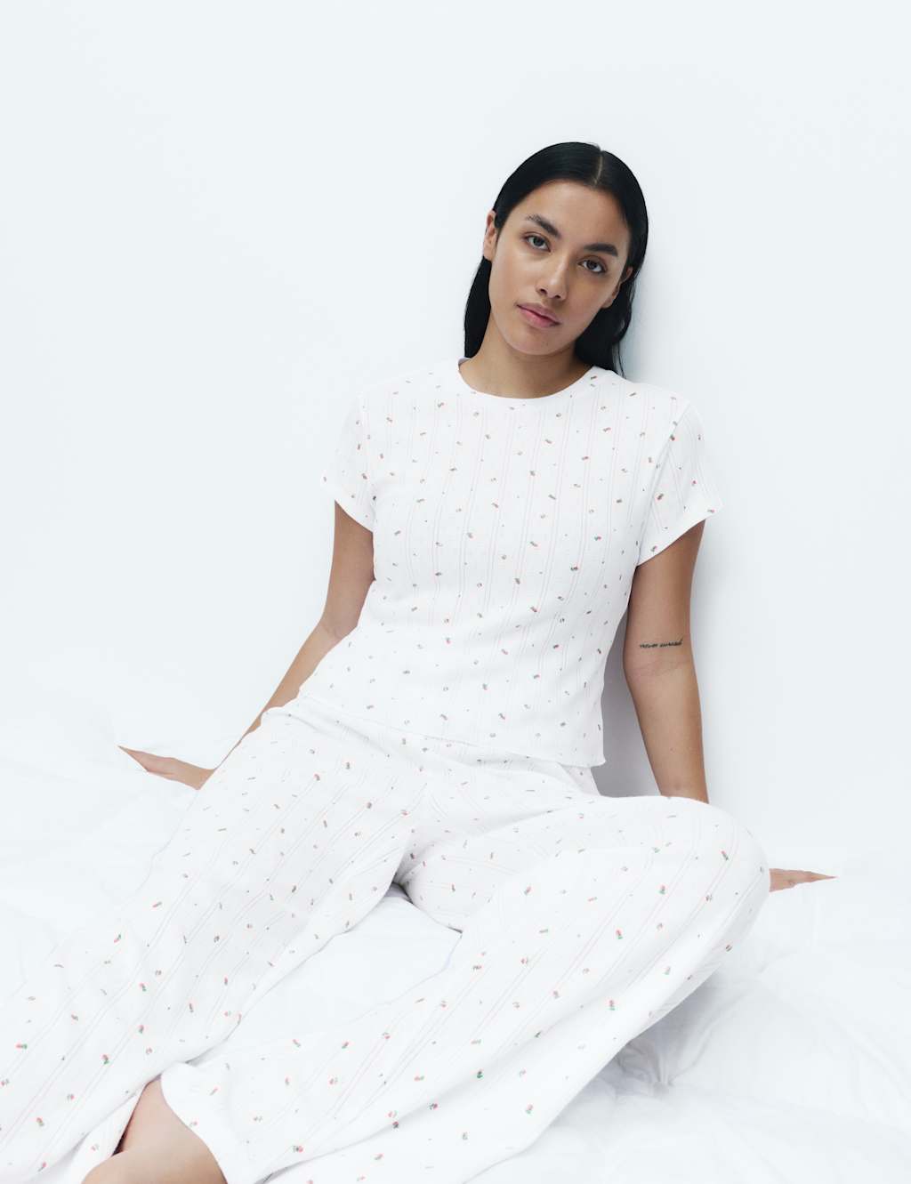M&S Women's Pure Cotton Pointelle Floral Pyjama Top - Large - White Mix
