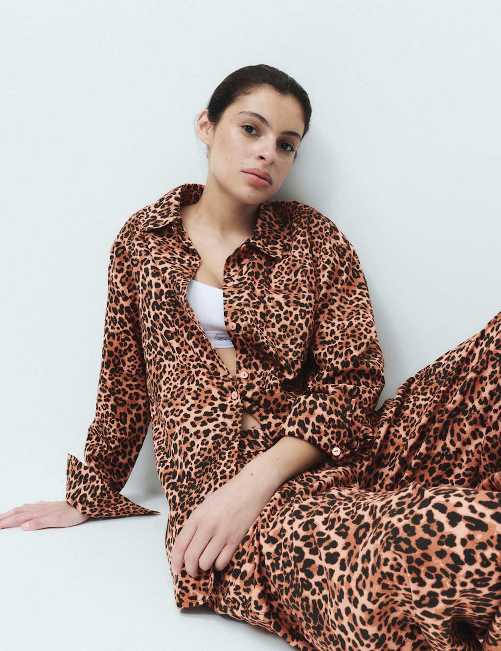 M&S Women's Pure Cotton Animal Print Pyjama Top - 8 - Brown Mix
