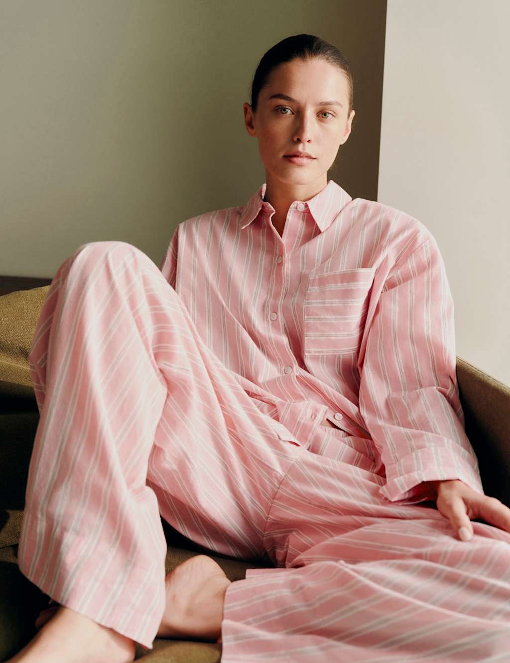 M&S Women's Pure Cotton Striped Pyjama Shirt - 10 - Pink Mix