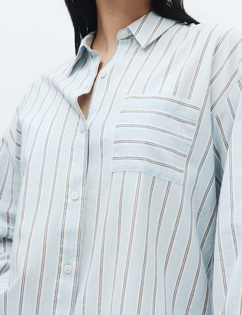 M&S Women's Pure Cotton Striped Pyjama Shirt - 18 - Blue Mix