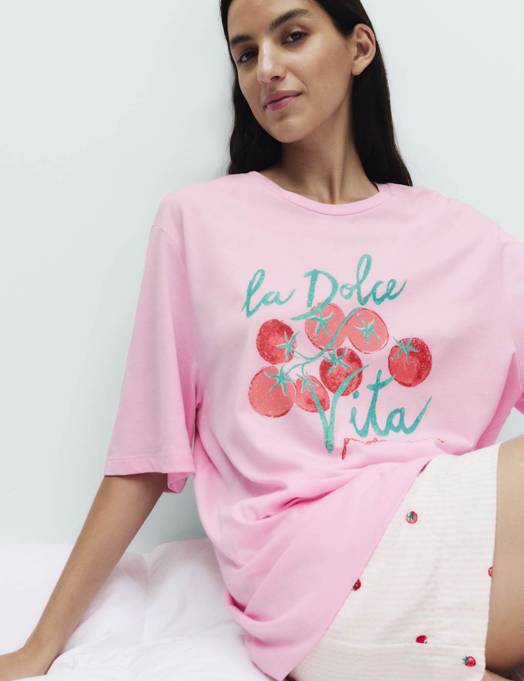 M&S Women's Cotton Modal Tomato Print Pyjama Top - Medium - Pink Mix
