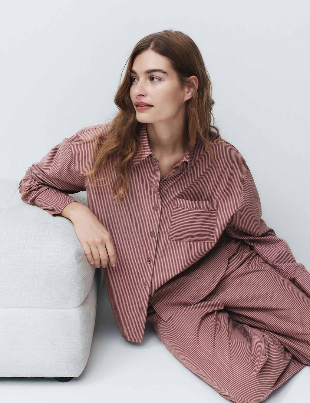 M&S Women's Pure Cotton Poplin Striped Pyjama Shirt - 16 - Burgundy