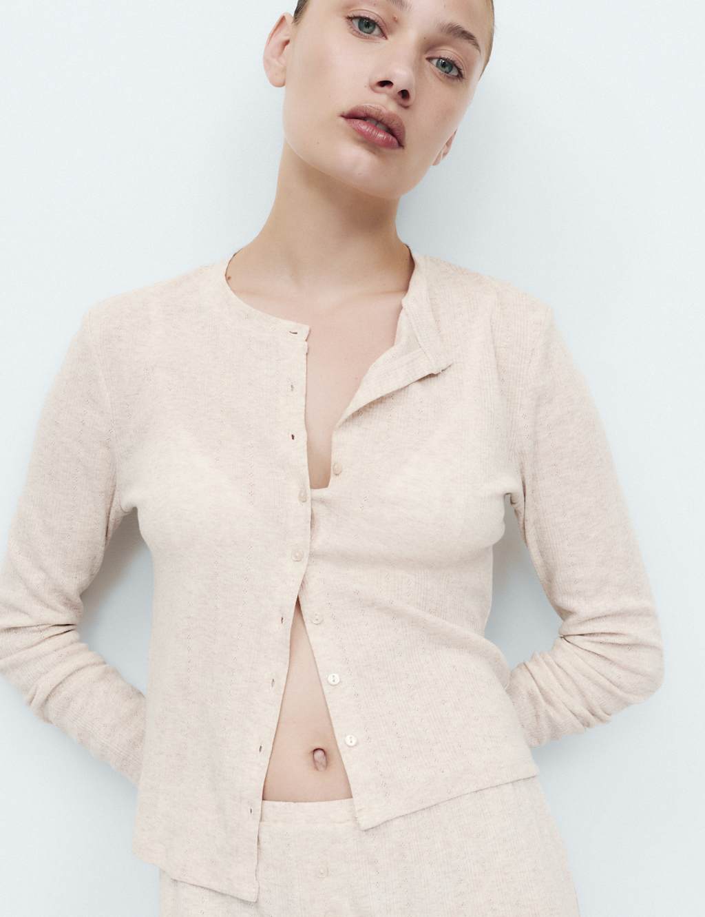 M&S Women's Cotton Blend Pointelle Lounge Cardigan - Medium - Oatmeal