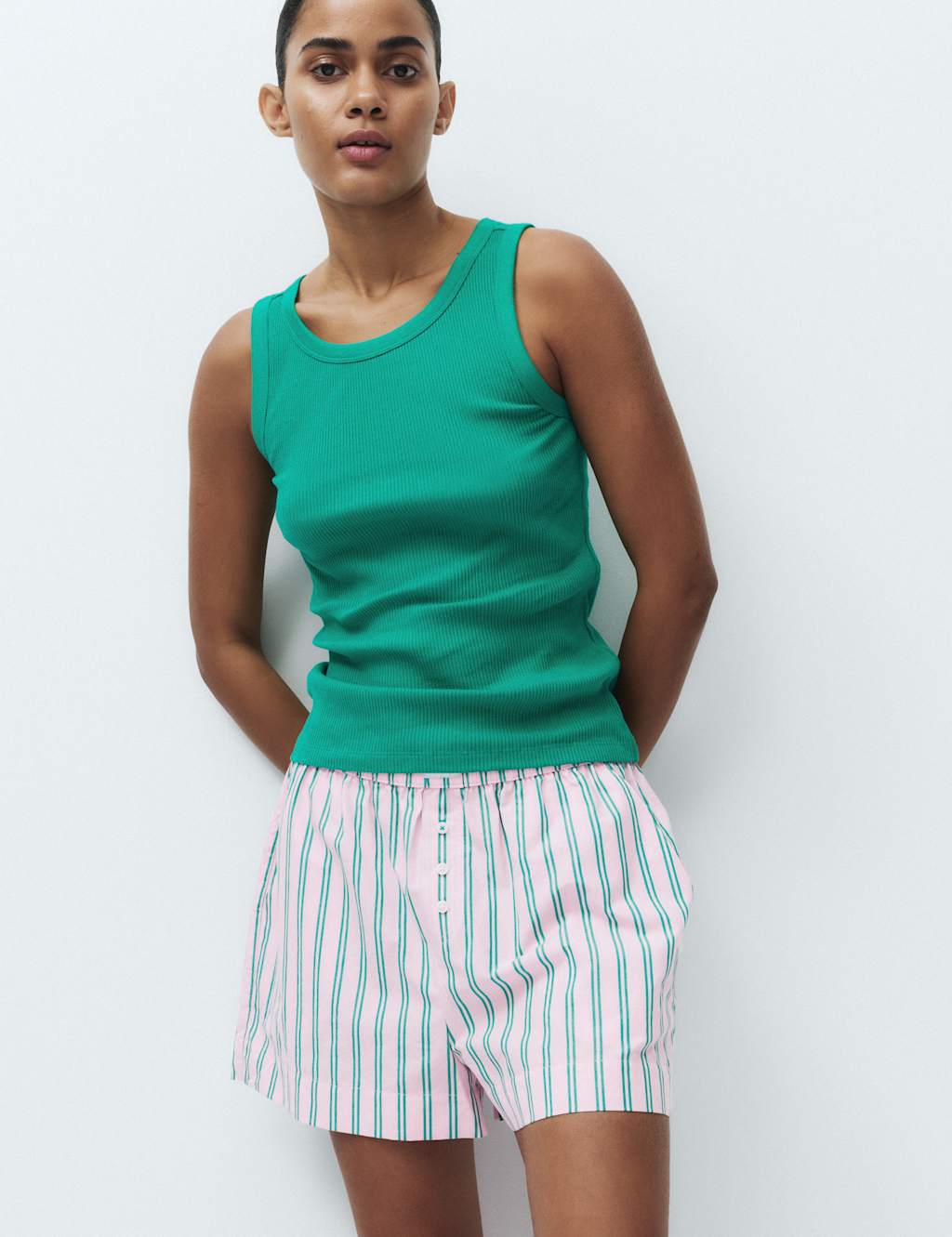 M&S Women's Ribbed Vest Striped Shortie Set - 6 - Green Mix