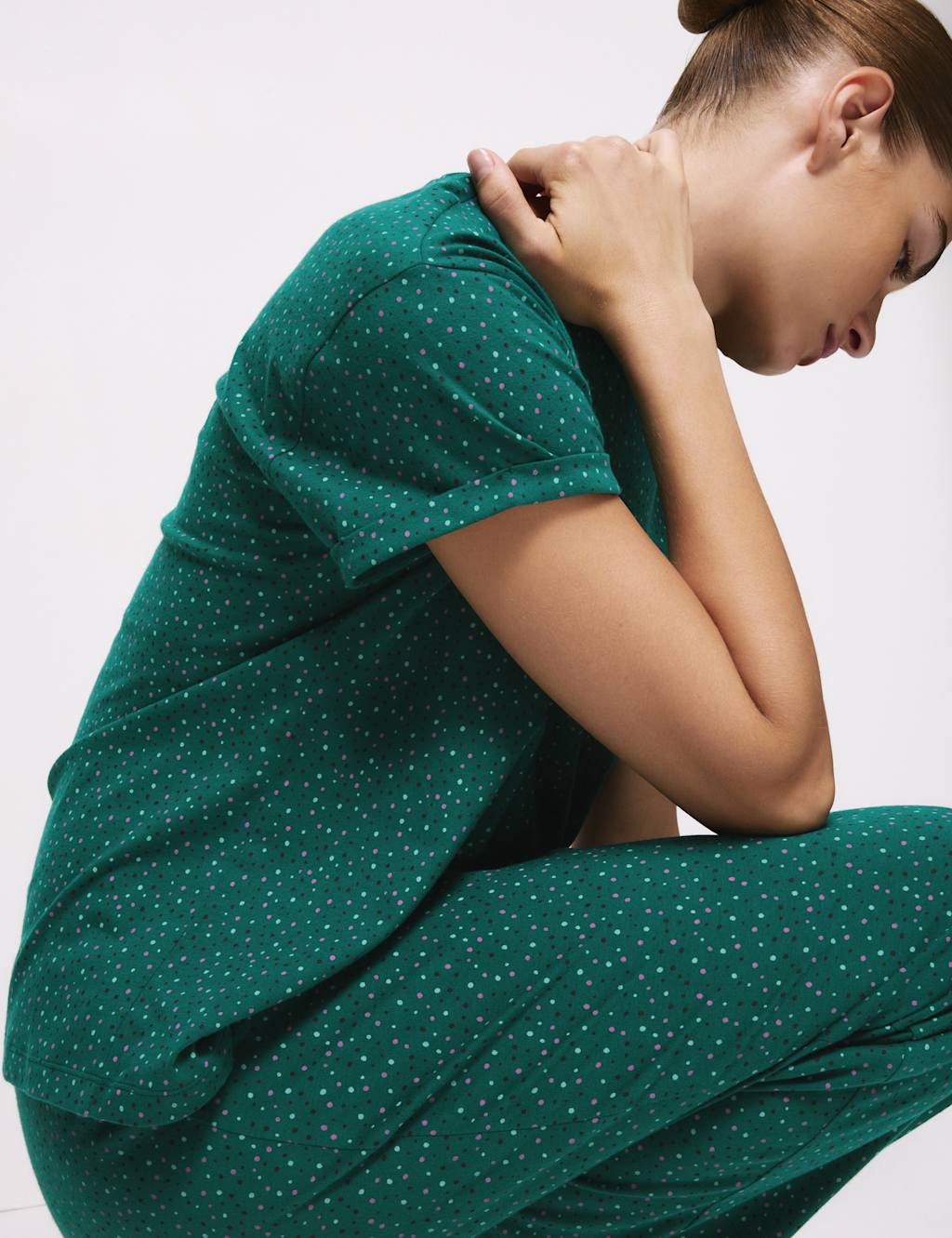 M&S Cotton Rich Printed Pyjama Set Bottle Green