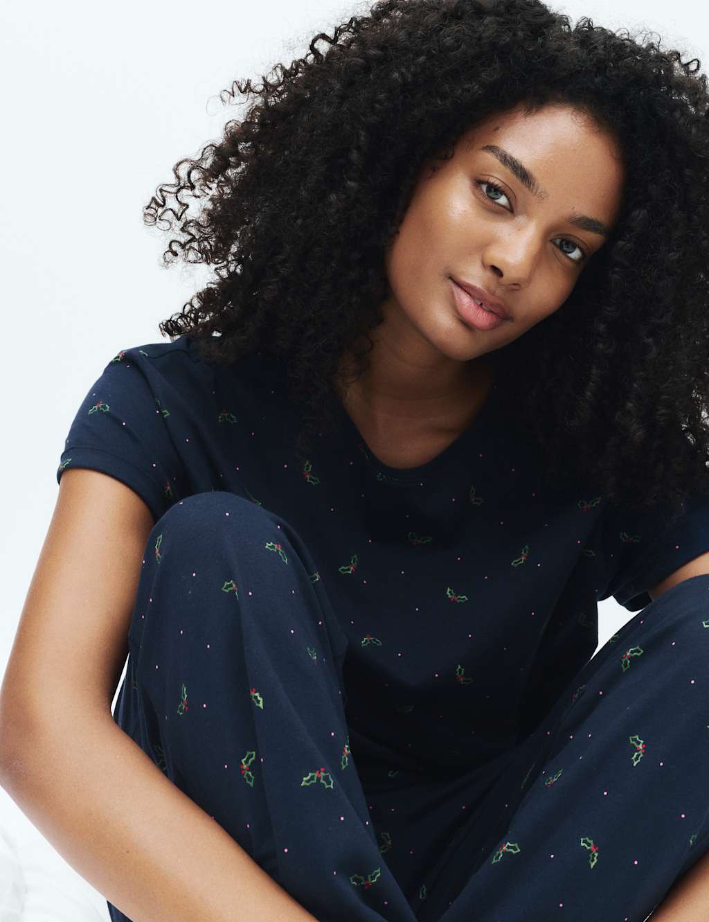 M&S Cotton Rich Printed Pyjama Set Navy Mix
