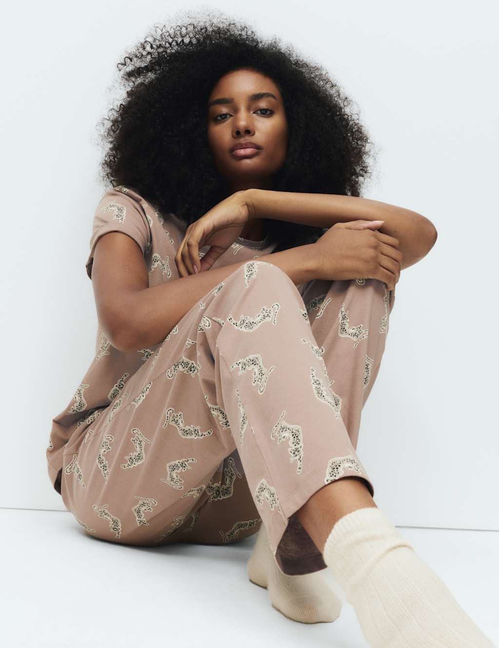 M&S Cotton Rich Printed Pyjama Set Mushroom