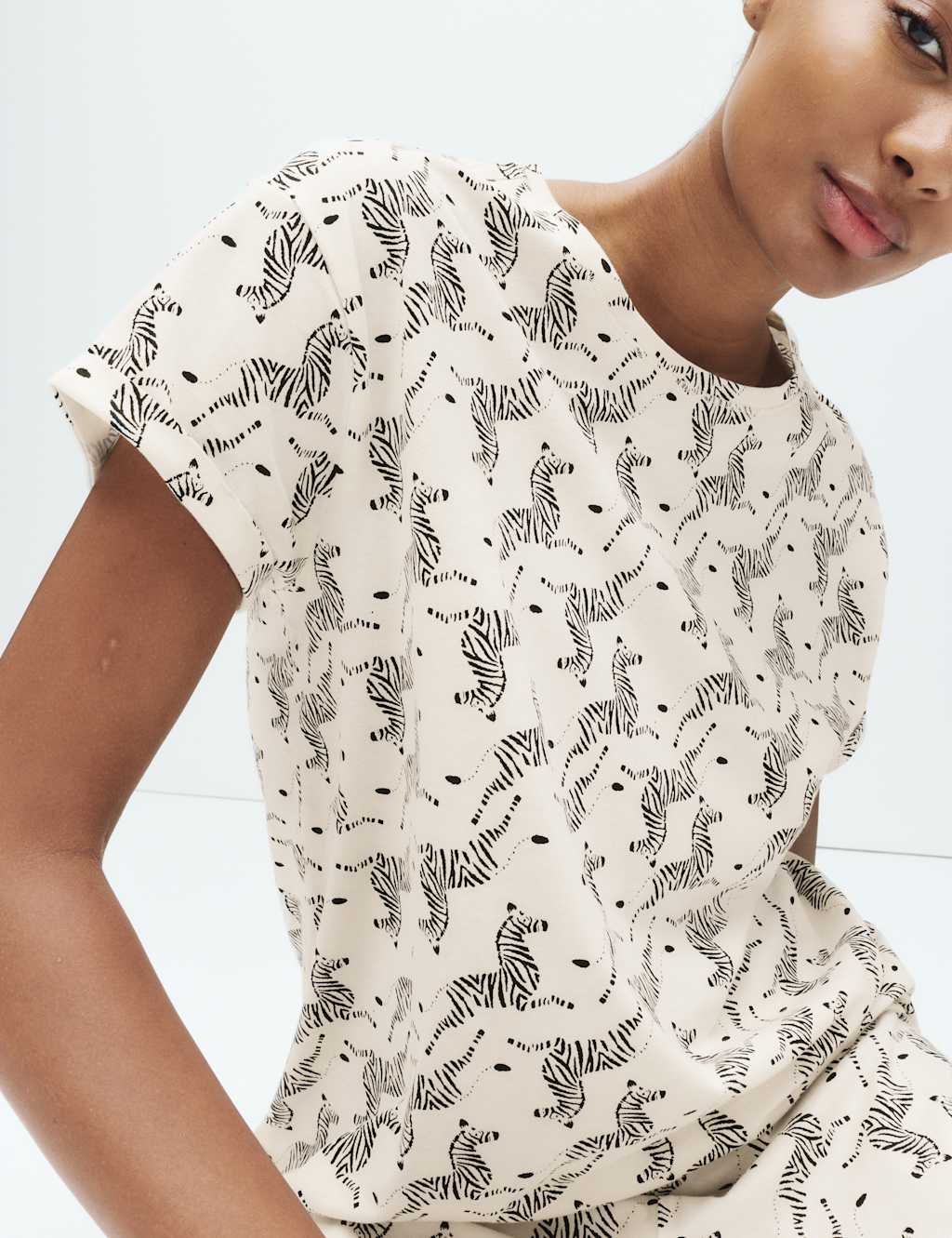 M&S Cotton Rich Printed Pyjama Set Ivory Mix