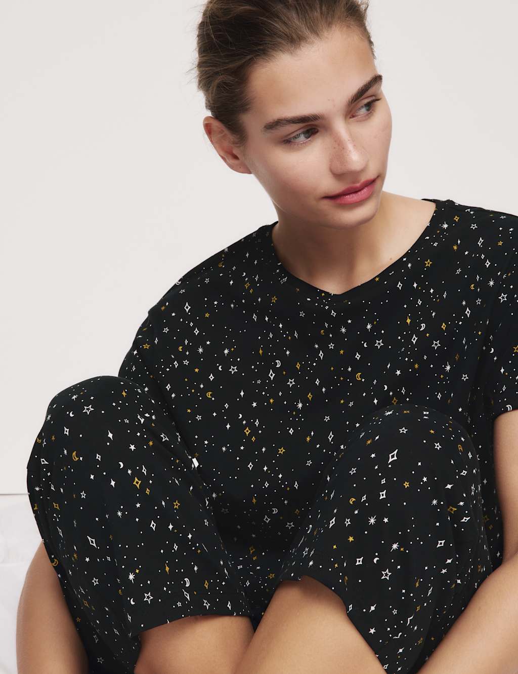 M&S Cotton Rich Printed Cropped Pyjama Set Black Mix