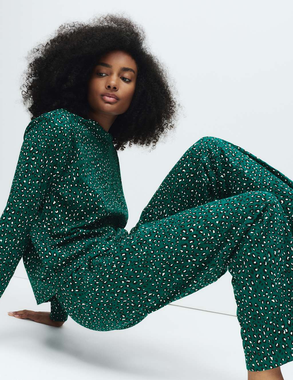 M&S Pure Cotton Printed Pyjama Set Bottle Green