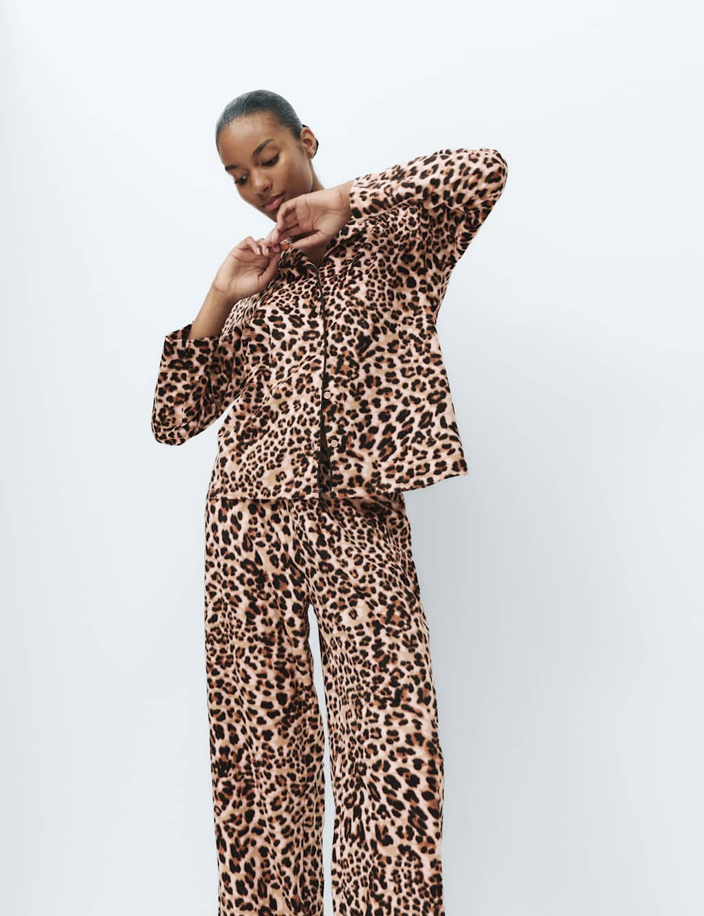 M&S Printed Fleece Pyjama Set Brown Mix