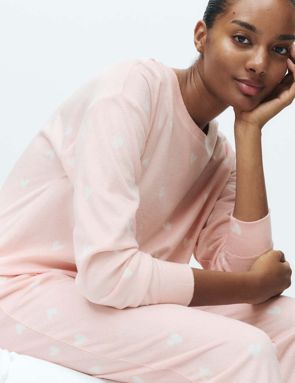 M&S Fleece Star Print Cuffed Hem Pyjama Set Pink Mix