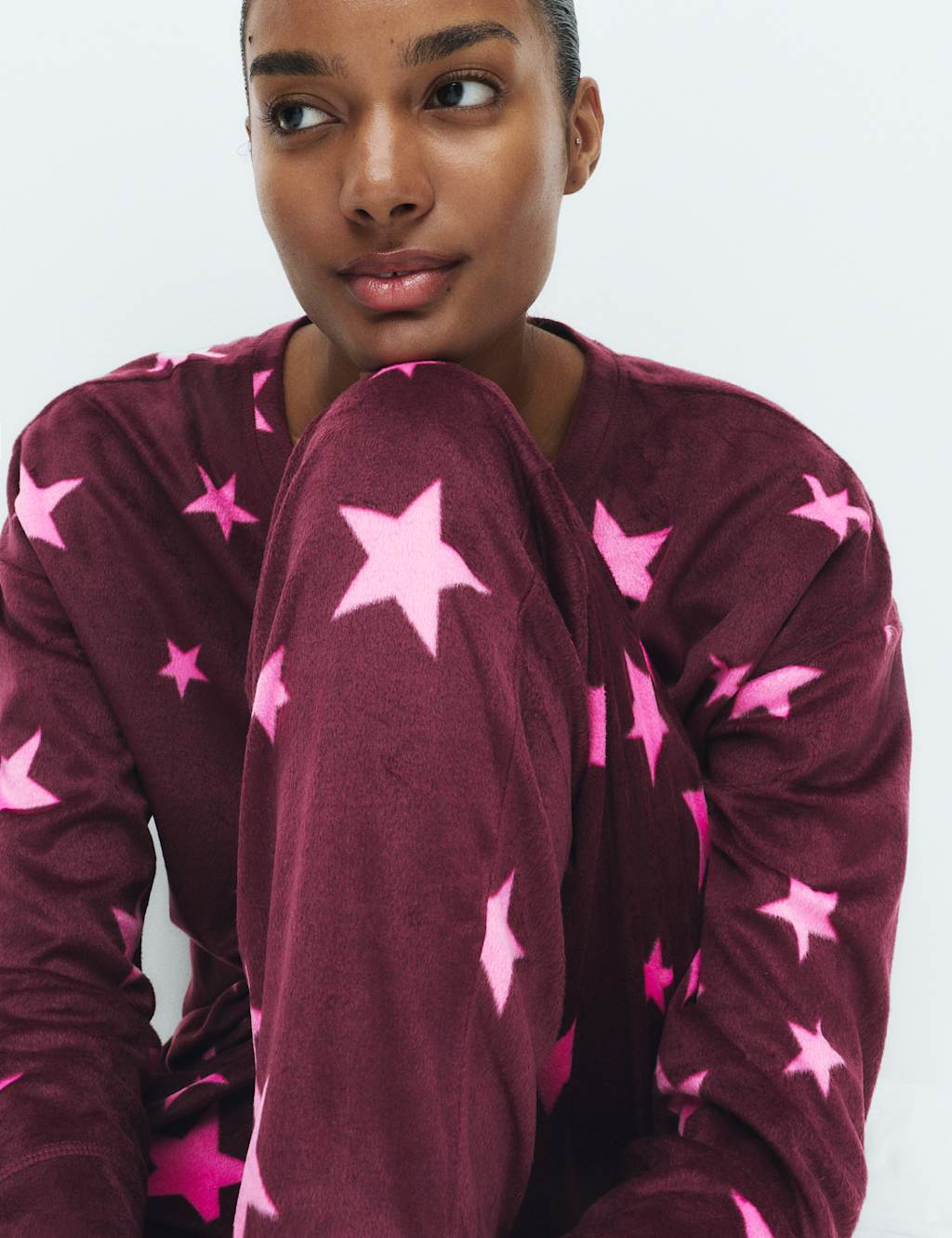M&S Fleece Star Print Cuffed Hem Pyjama Set Purple Mix