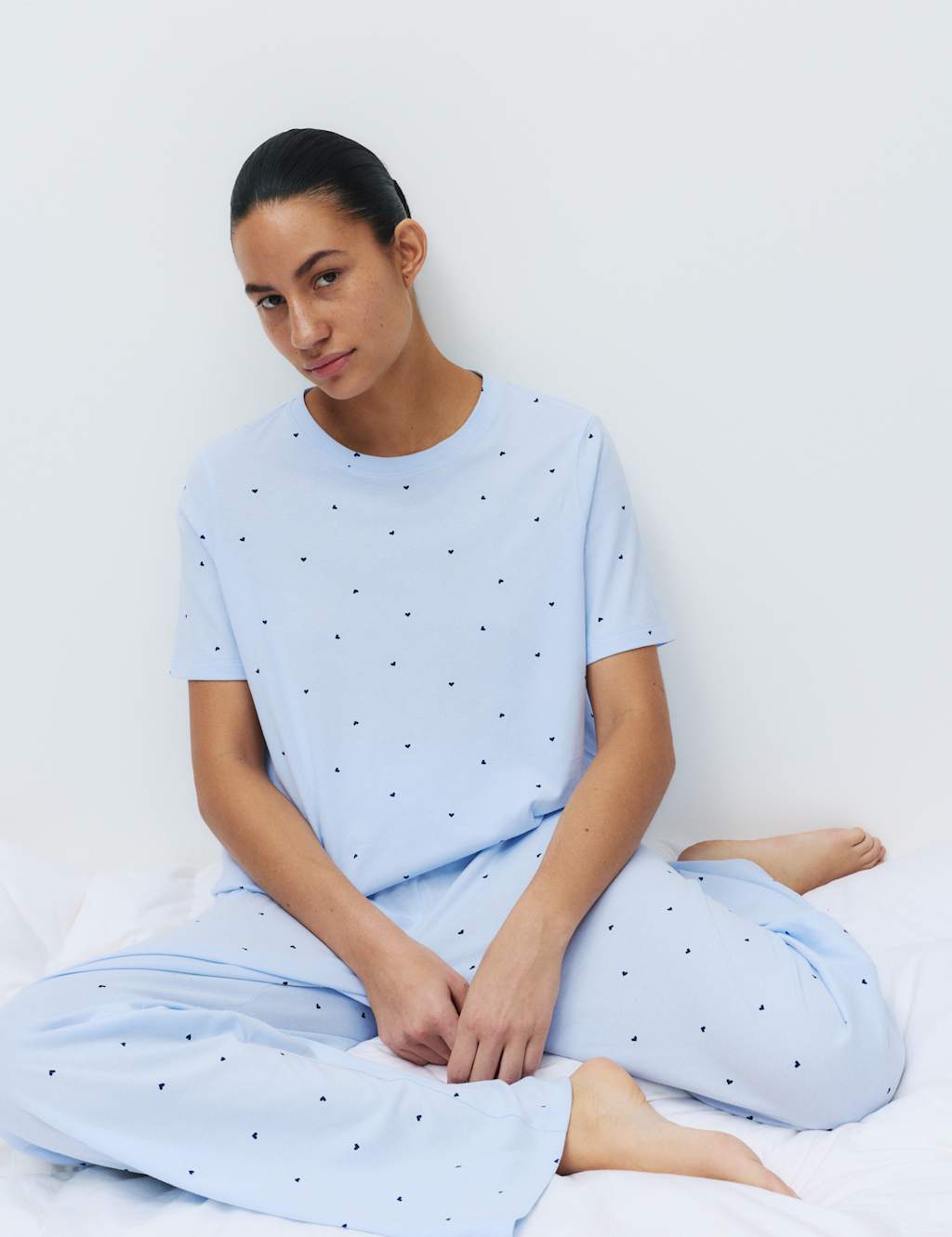 M&S Women's Pure Cotton Printed Pyjama Set - Large - Light Blue Mix