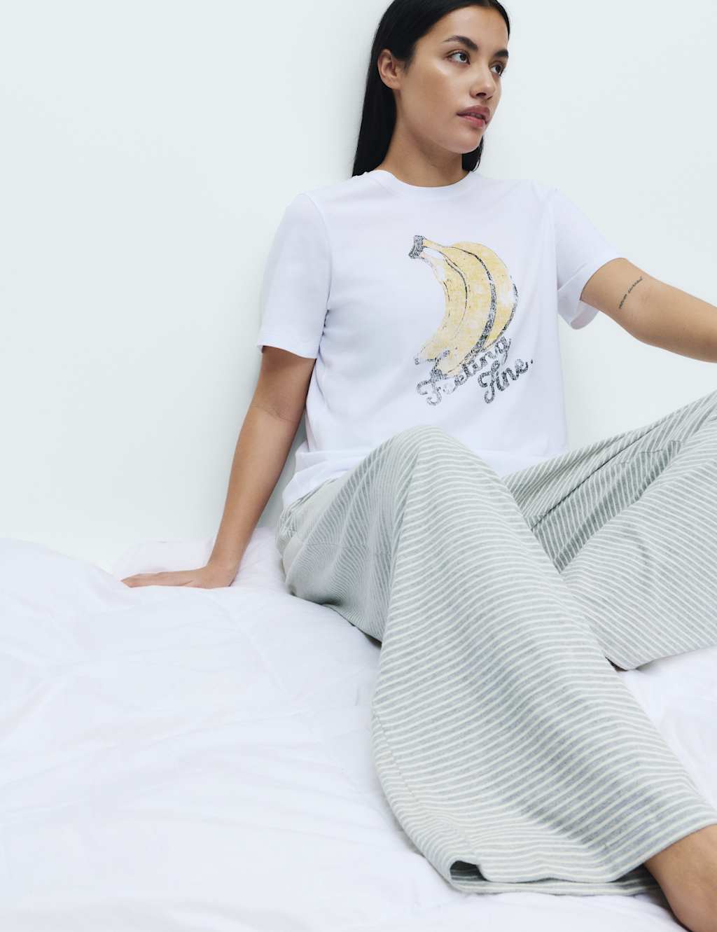 M&S Women's Pure Cotton Printed Pyjama Set - Small - Grey Mix