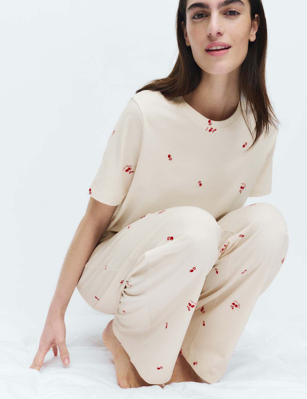 M&S Women's Pure Cotton Printed Pyjama Set - XX Large - Ivory Mix