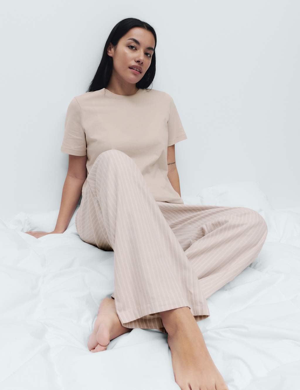 M&S Women's Pure Cotton Pyjama Set With Woven Bottoms - Small - Neutral