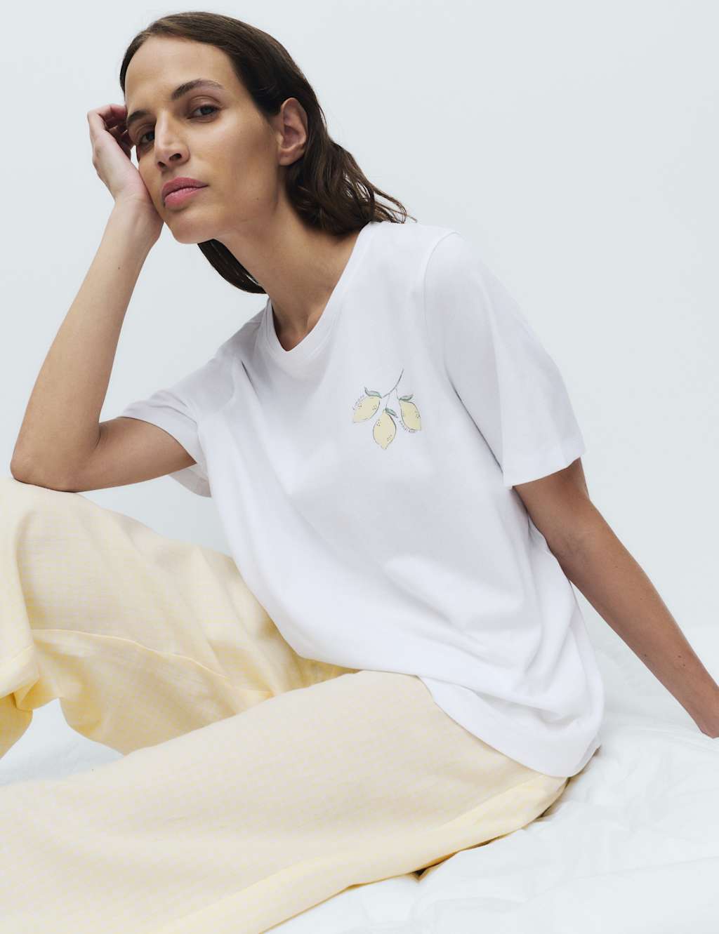 M&S Women's Pure Cotton Pyjama Set With Woven Bottoms - Extra Large - Yellow Mix